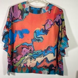 LaPiel Short Cap Sleeve Art Work Design Lined Pull Over Top Size One Size NWT